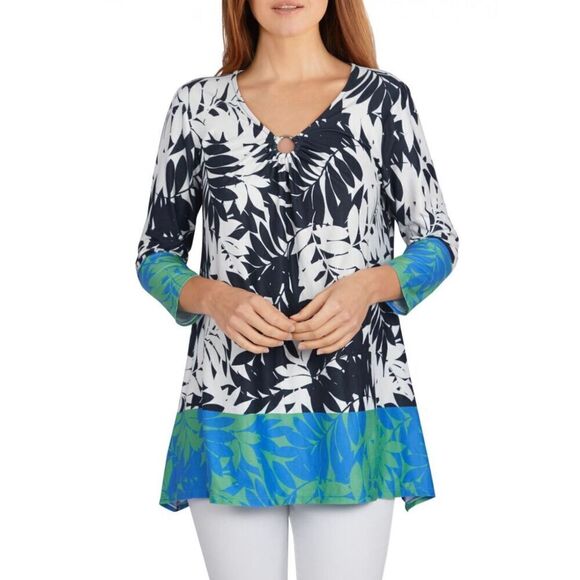 Ruby Rd Black & White Tropical Print Neon Trim 3/4 Sleeve V Neck Tunic Top, 3X - Picture 1 of 11